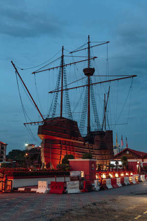 The Maritime Museum (Malay: Muzium Samudera) at night is a museum in Malacca City, Malacca, Malaysia.のeditorial素材