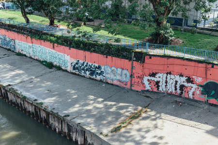 Klang river and cityscape that viewed from sky train station in Kuala Lumpur, Malaysia.のeditorial素材