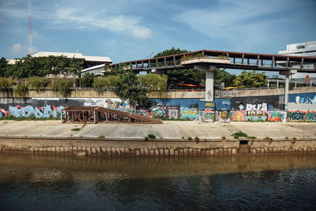 Klang river and cityscape that viewed from sky train station in Kuala Lumpur, Malaysia.のeditorial素材