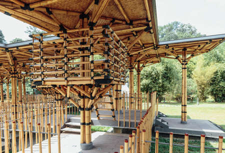 Bamboo playhouse built on a lake island in Kuala Lumpur's botanical gardens, Malaysia.のeditorial素材
