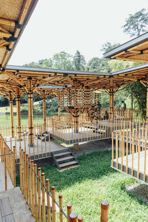 Bamboo playhouse built on a lake island in Kuala Lumpur's botanical gardens, Malaysia.のeditorial素材