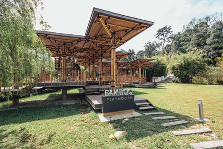 Bamboo playhouse built on a lake island in Kuala Lumpur's botanical gardens, Malaysia.