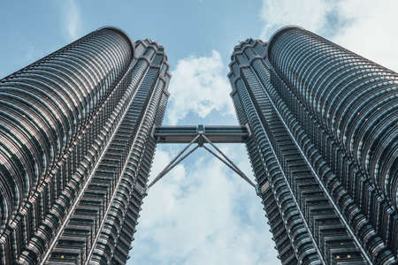 Petronas twin towers viewed from below in Kuala Lumpur, Malaysia.のeditorial素材