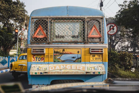 Colorful decoration in the back of the public bus in Kolkata, India.のeditorial素材