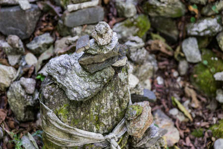 Piles of stacked stones with moss in temple area in Kabi Lungchok. Sikkim, India.の写真素材