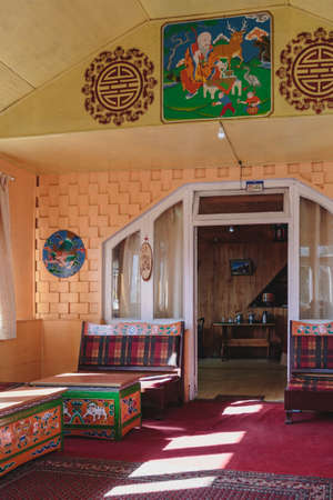 Colorful Tibetan interior decoration with sunlight through wiht window in winter at Lachung. North Sikkim, India.のeditorial素材