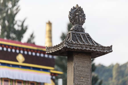 Detail of stone pillar in the center of Rumtek Monastery in winter near Gangtok. Sikkim, India.の写真素材
