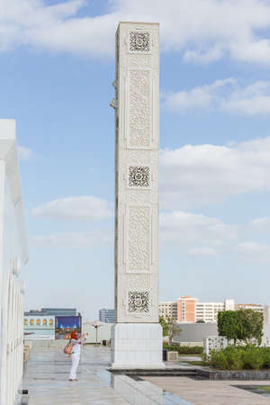 Outdoor speaker pillar of Sheikh Zayed Grand Mosque with blue sky in the morning at Abu Dhabi, UAE.のeditorial素材