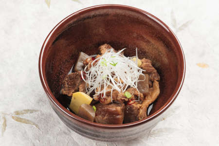 Nikujaga including beef, potato and radish stew topping with sliced radish and scallion in brown ceramic bowl on washi (Japanese paper).の写真素材