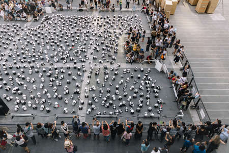 Many panda sculptures view from above that place on the floor is an art exhibition in Bangkok, Thailand.のeditorial素材