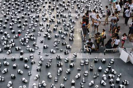 Many panda sculptures view from above that place on the floor is an art exhibition in Bangkok,...