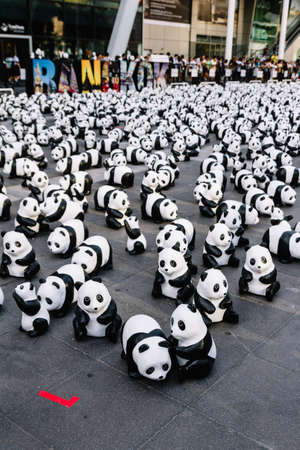 Many panda sculptures view from above that place on the floor is an art exhibition in Bangkok, Thailand.のeditorial素材