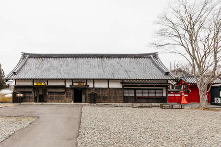 Edo period architecture style with leaves less tree in Noboribetsu Date JIdaimura Historic Village at Hokkaido, Japan.のeditorial素材