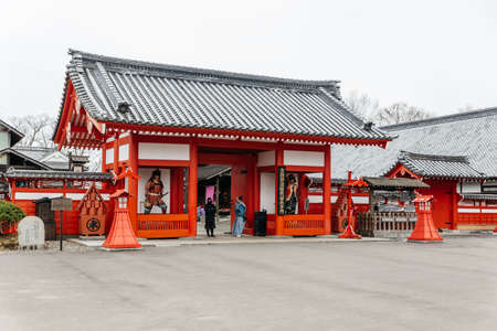 Red entrance gate in Edo period in Noboribetsu Date JIdaimura Historic Village at Hokkaido, Japan.のeditorial素材