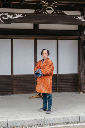 Man wearing Edo period samurai costume in Noboribetsu Date JIdaimura Historic Village at Hokkaido, Japan.のeditorial素材