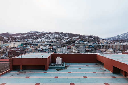 Cityscape that view from rooftop of the building with snow mountain in the background in winter in Hokkaido, Japan.のeditorial素材