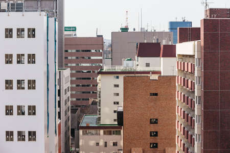 Sapporo cityscape with buildings and mountain in the background in Hokkaido, Japan.