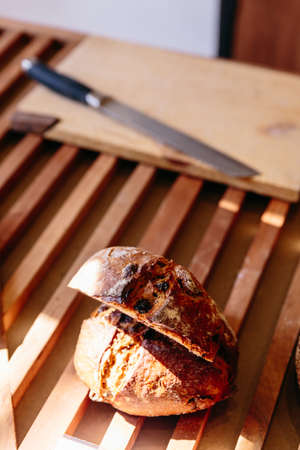 Freshly baked nut and raisin bread that made by organic wheat flour.