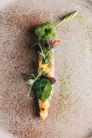 Creative Fine Dinning: Grilled white asparagus with sweet pea and morel.