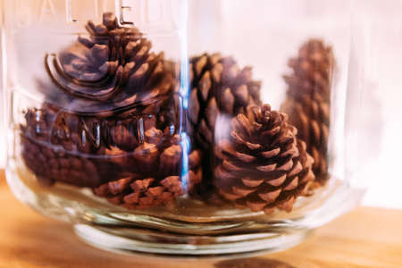 Pine cones inside glass jar.
