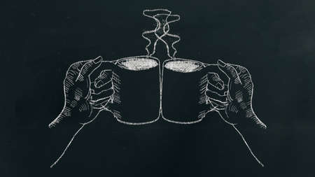 Chalk hand drawing two hands holding coffee cup with steam and cheers on black board.の写真素材