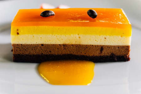 Layer cake including orange sauce and chocolate topping with coffee seed and served with fresh sliced strawberry.の写真素材