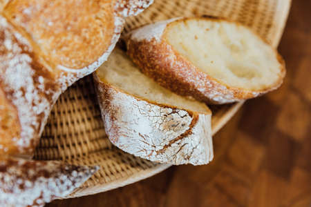 Inside Baguette with air holes. Homemade bread by artisan.