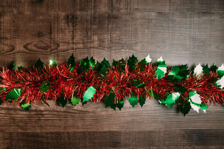 Christmas background with ornament over wooden table. Flat lay for Christmas and happy new year banner.の写真素材
