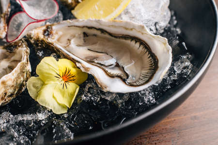Close up Fine de Claire Oyster and lemon served in black bowl with ice on wooden table.の写真素材