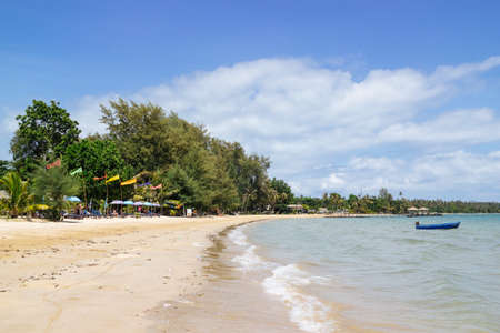 Beach with moving sea wave with blue bright sky and cloud in background in the afternoon in Koh Mak Island at Trat, Thailand.の写真素材