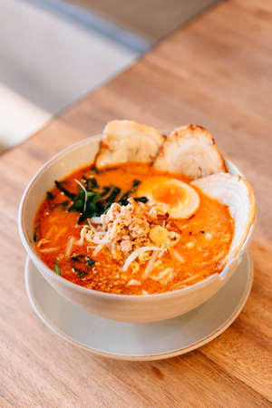 Spicy Chashu Miso Ramen: Japanese noodle in vegetable broth mix Miso paste with Chashu pork,...