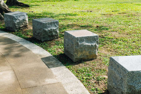 Cube stone seats in the park in the area of National Dr. Sun Yat-Sen Memorial Hall in Taipei,...
