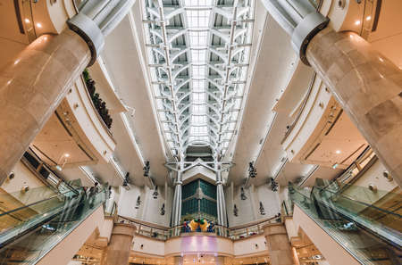 Beam super structure ceiling with window glass inside Taipei 101 skyscraper in Taipei, Taiwan....