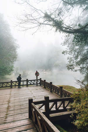 Male tourist standing on Wooden platform with Cedar trees and fog in the background in the forest in Alishan National Forest Recreation Area in winter in Chiayi County, Alishan Township, Taiwan.のeditorial素材