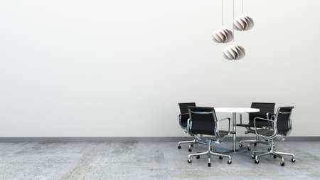 3d rendering of office chairs with round table on the concrete floor decorated with ceiling lamps. Office furniture with copy space. Small meeting area.の写真素材