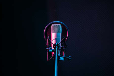 Studio microphone and pop shield on mic in the empty recording studio with copy space. Performance and show in the music business equipment.の写真素材