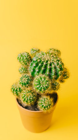 Green cactus on an illuminating yellow 2021 color trend background. Minimal decoration plant on color background with copy space. 9:16 vertical ratio.の写真素材