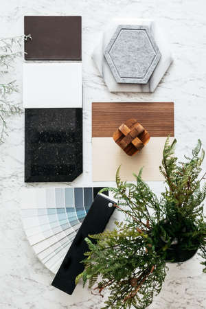 Top view of Material Selections including Granite tile, Marble tile, Acoustic tile, Walnut and Ash Wood Laminate and Painted color swatch with plant and flowers on marble top table.の写真素材