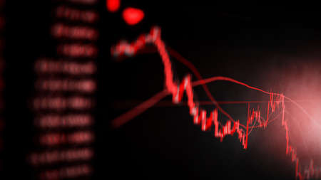 The red crashing market volatility of crypto trading with technical graph and indicator, red...