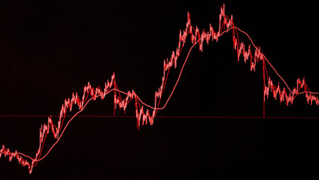 The red crashing market volatility of crypto trading with technical graph and indicator, red candlesticks going down without resistance, market fear and downtrend. Cryptocurrency background concept.の写真素材