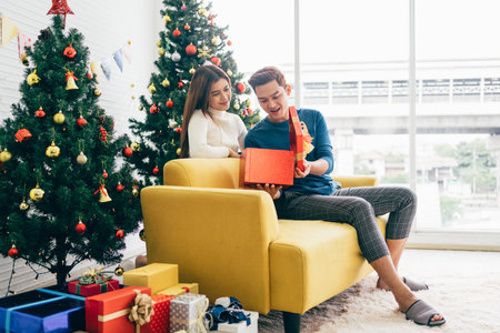 Young beautiful happy Asian woman surprises her boyfriend with a Christmas gift at home with Christmas tree in the background. Image with copy space.の写真素材
