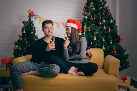 Happy Asian couple toasting champagne together, sitting on the sofa in the evening with a Christmas tree and lights in the background. Boyfriend and girlfriend at Christmas eve nightの写真素材