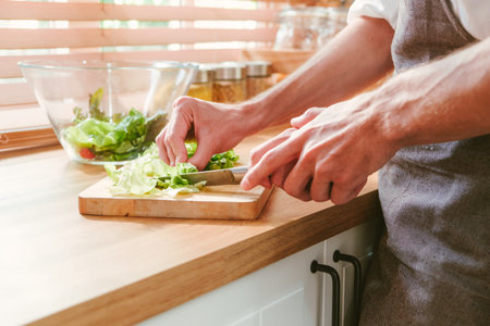 Close-up hand of caucasian gay couple cooking salad by using a knife to cut lettuce on the cutting board over the kitchen counter at home with morning light. LGBT relationships. Gay couple conceptの写真素材