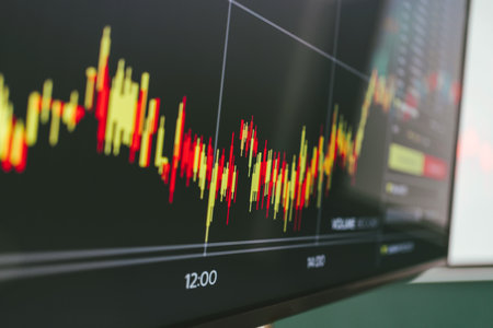 The market volatility of crypto trading with technical graph and indicator, red and green candlesticks, for analysis up and downtrend. Cryptocurrency background concept. Focus part of candlesticks.の写真素材