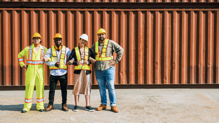 A diverse group of engineer, supervisor, inspector and industrial worker works at a container yard....