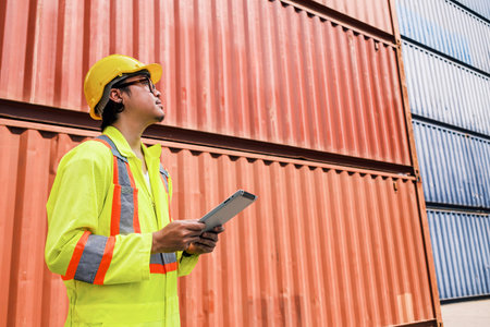 Asian man engineer working with tablet and look up at containers works at a container yard. Shipping business management and international goods import-export. Concept of Logistic operation. Diversityの写真素材