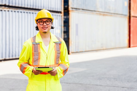 Portrait of Asian man engineer working with tablet at containers works at a container yard. Shipping...