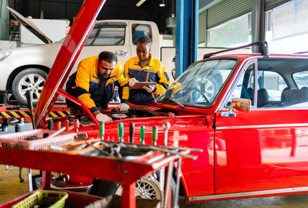 Diversity mechanic teamwork, an Indian man and an African woman in yellow and blue uniforms. A man inspects the car engine with his woman assistant. Automobile repairing service. Vehicle maintenance.の写真素材