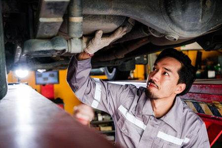 Diversity mechanic teamwork, a Japanese mechanic repairman in a grey uniform inspects the car bottom problems of a lifted car with confidence. Automobile repairing service. Vehicle maintenance.の写真素材