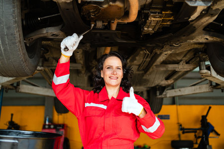 Portrait of a Caucasian female mechanic in a red uniform standing under the car bottom for inspecting in the garage. A woman smiling and give a thumb up. Car repair service. Vehicle maintenanceの写真素材